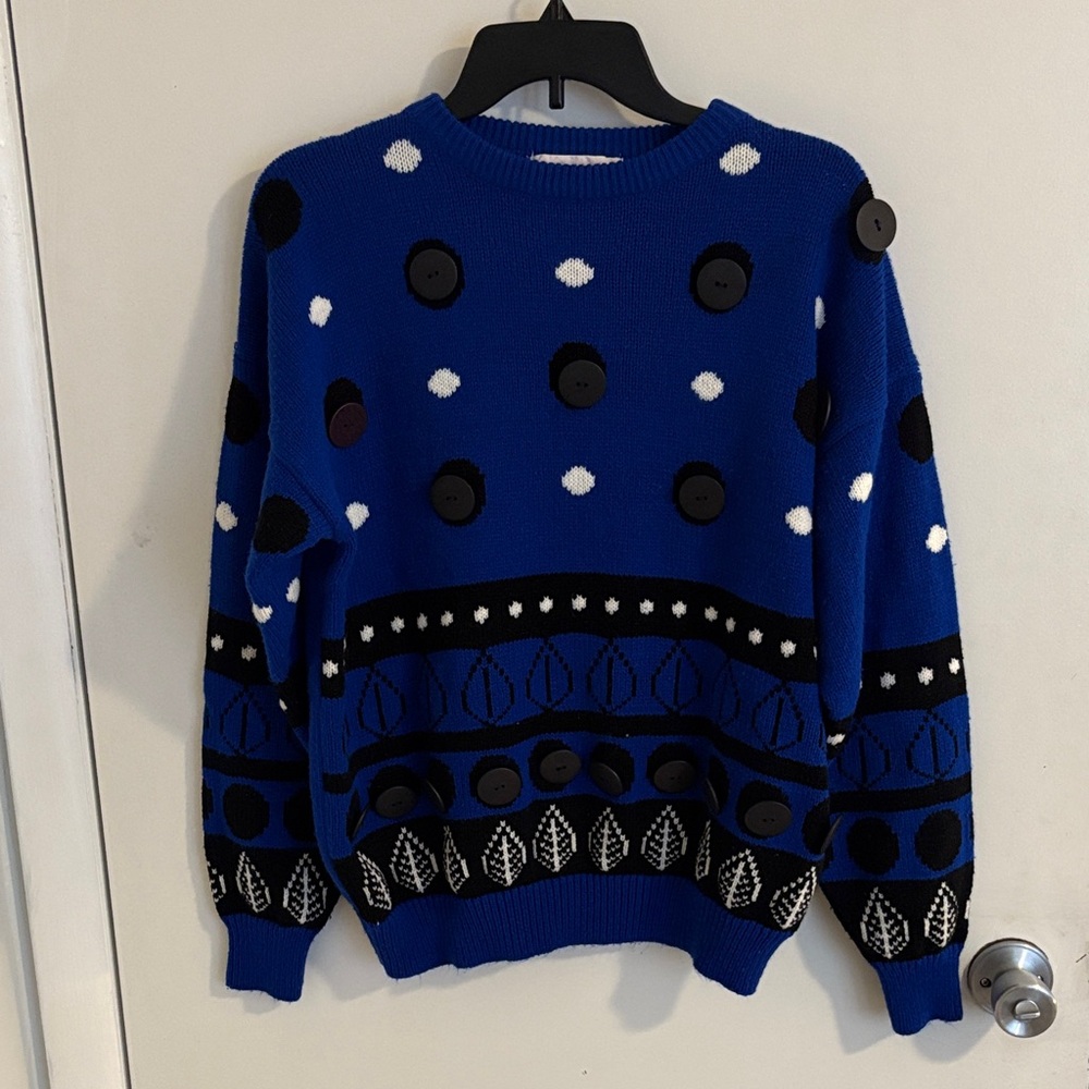 Vintage Ms. organically grown Blue Sweater with Black and White Patterns